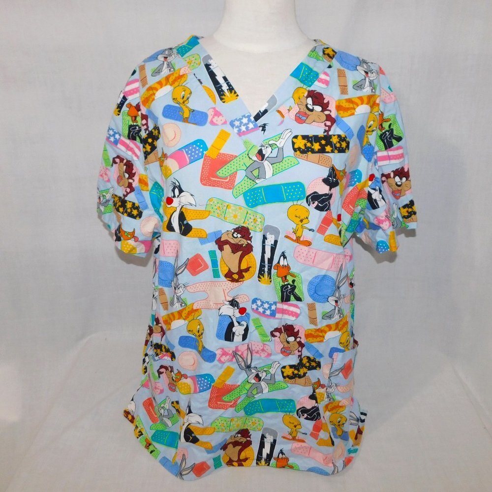 Looney Tunes Scrub Top Shirt Band Aids Taz Bugs Bunny Tweety Daffy Womens XL